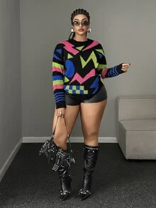 Maweii Sweater Pullover Modis Jacquard Bermotif Geometris Warna-warni untuk Wanita Ukuran Plus - Hitam - View 5