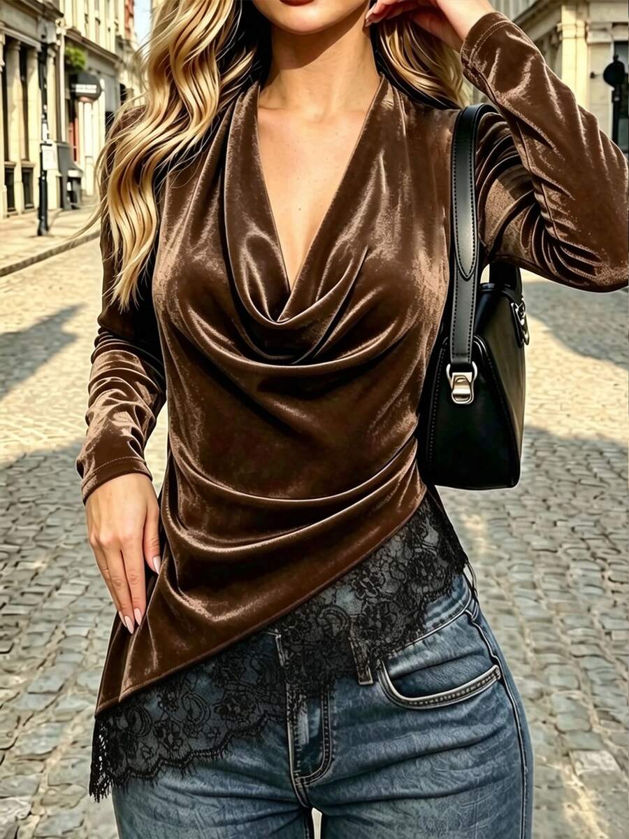 Cévolie Fashionable Minimalist Design Cowl Neck Lace Patchwork Top - Coffee Brown - View 1