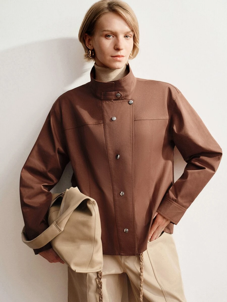 Briarwyn Jaket Lengan Panjang Wanita Warna Polos Kasual Serbaguna untuk Pemakaian Sehari-hari - Rust Brown - View 1