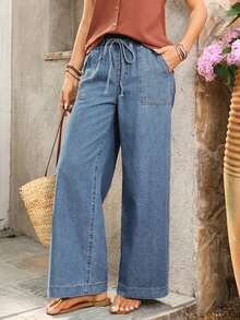 SHEIN PETITE Women's Loose Fit Vacation Elastic Waist Drawstring Casual Denim Jeans - Light Wash - View 5