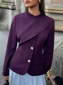 Aloruh Women's Solid Color Long Sleeve Metal Single-Breasted Fashion Blazer Fall Clothes For Women Work Outfits For Women - Purple - View 6