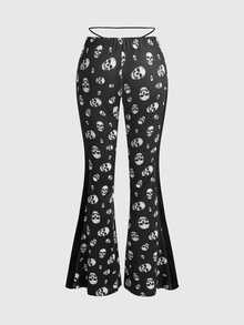 ROMWE Gothic Sexy V-Waist Tie-Up Flare Pants With Skull Print And Velvet Patchwork For Women - Black - View 2