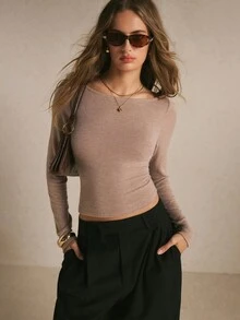 Poéselle Women's Minimalist Streetwear Long Sleeve T-Shirt For Daily Wear,Basic Tops,Winter Clothes - Khaki - View 2