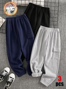SHEIN 3件組 2-1歲兒童青少年男孩休閒學院風簡約實用百搭運動長褲冬季運動褲，男孩套裝兒童套裝 - 彩色 - 查看 4