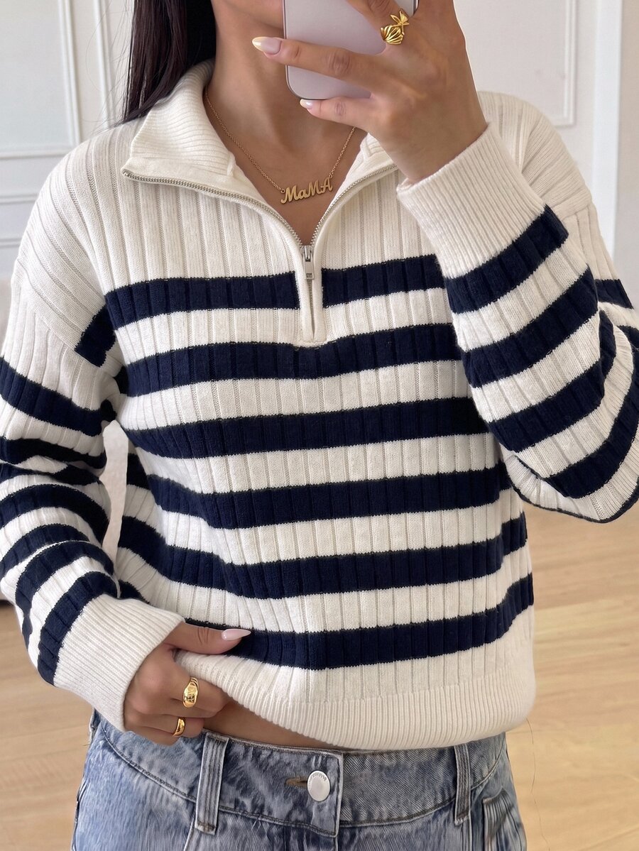 Teen Girls Autumn/Winter Half-High Neck Lapel Zipper Front Striped Apricot & Black Versatile Preppy Style Back To School Pullover Sweater, Suitable For School And Outings - Multicolor - View 1