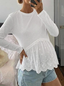 DAZY Contrast Lace Trim Hem Long Sleeve Loose Casual Vacation Daily Spring Autumn Maternity T-Shirt - White - View 4