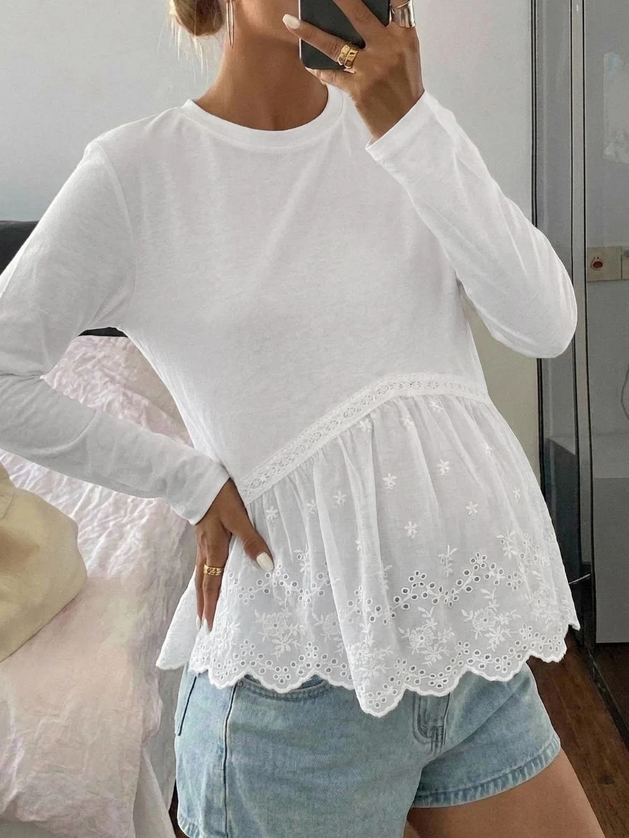 DAZY Contrast Lace Trim Hem Long Sleeve Loose Casual Vacation Daily Spring Autumn Maternity T-Shirt - White - View 1