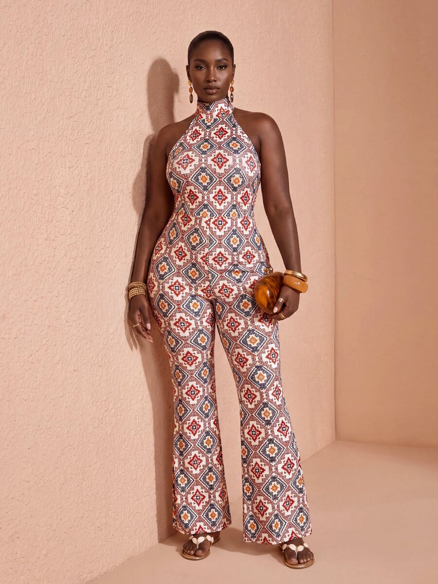 JIAN LASALA All-Over Print Halter Neck Tie Sleeveless Flared Leg Women Summer Plus Size Jumpsuits Boho Casual - Multicolor - View 1