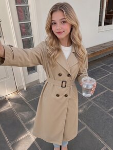 SHEIN Tween Girl Fashion Casual Street Commute Long Trench Coat - Khaki - View 1