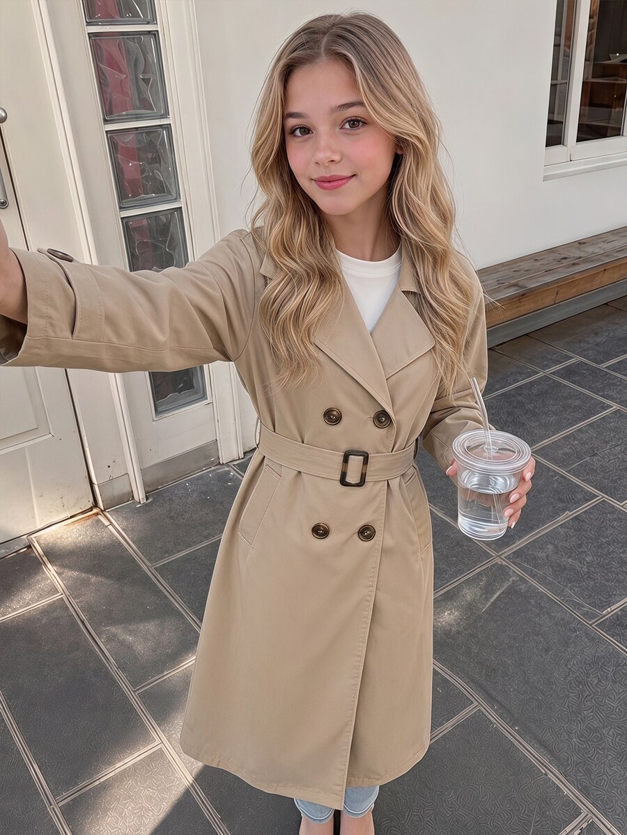 SHEIN Tween Girl Fashion Casual Street Commute Long Trench Coat - Khaki - View 1
