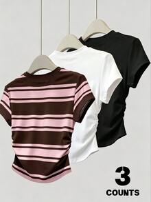 Lalippa 女款休閒戶外上衣，夏季新款，修身收腰，3件套，黑白經典色，多色條紋印花，女款T恤 - 彩色 - 查看 2