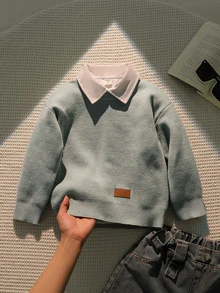 SHEIN Playful Pals Boys (Small) Sweater, Turn Collar, Long Sleeve, Striped Color Block, Suitable For Spring, Autumn, Winter, Autumn/Winter Seasons - Green - View 1
