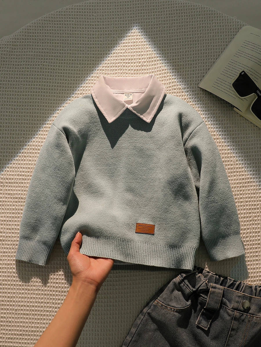 SHEIN Playful Pals Boys (Small) Sweater, Turn Collar, Long Sleeve, Striped Color Block, Suitable For Spring, Autumn, Winter, Autumn/Winter Seasons - Green - View 1