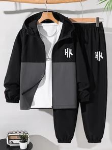 2pcs Kids Tween Boy Casual Sports Pattern Colorblock Hooded Jacket & Black Pants Set, Suitable For Autumn/Winter, Family Gathering, Back To School, Sports, Play, Birthday Party, Photo, Vacation, Holiday - Multicolor - View 3