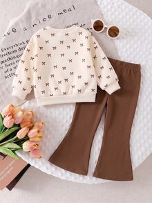 SHEIN Vintaside Kids Girls Toddler Spring/Autumn White All-Over Bow Print Crew Neck Sweatshirt Set, Pearl Rhinestone Large Bow Graphic Top + Pink High Elasticity Flared Long Pants 2 Pieces Set - Multicolor - View 2