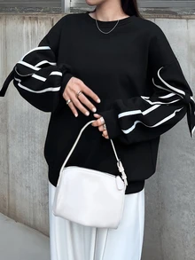FRIFUL 女款拼色休閒可愛優雅百搭日常長袖運動衫，黑白配色，適合秋季日常約會 - 黑色 - 查看 7