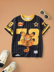 GARFIELD | SHEIN تي شيرت كاجوال يومي بأكمام قصيرة بطبعة كرتونية رقمية للأولاد المراهقين - الأسود - مشاهدة 1