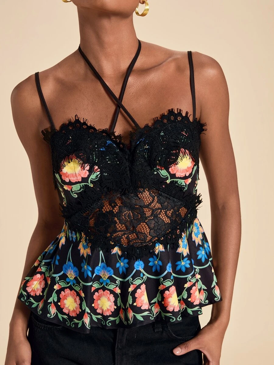 Travachic Elegant Floral Print Lace Sexy Tank Top - Black - View 1