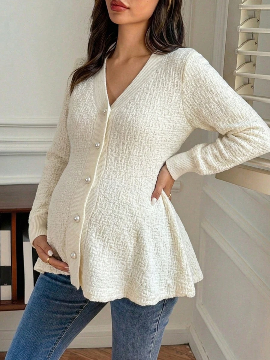 DAZY Solid Color Fitted Long Sleeve C-Neck Elegant Vacation Korean Style Autumn/Winter Knit Cardigan For Pregnant Women - Beige - View 1