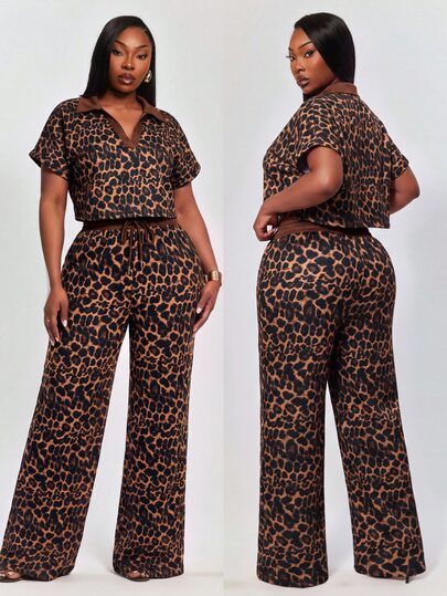 Radiana Plus Size Women's Street Casual Leopard Print Drawstring 2 Pieces Set, All-Match Versatile, Daily Casual Outings, Shopping, Gathering, Vacation, Beach, Date, Birthday, Graduation Dress, Island, Old Money Style, Commute, Office, Music Festival, House Party, Party