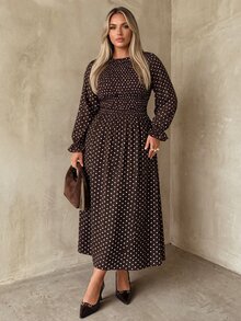 Auralis Plus Size Round Neck High Elastic Waist Flared Hem Casual Brown Ruffle Long Sleeve Everyday Dress/Dress - Brown - View 7