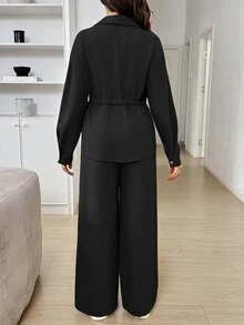 SHEIN 孕婦純色長袖上衣與可調腰圍長褲休閒日常兩件套秋季 - 黑色 - 查看 5