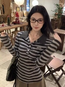 DAZY Women's Collared Striped Long Sleeve T-Shirt, Autumn/Winter - Blue - View 5