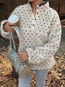 DAZY Cream White Polka Dot Lamb Fleece Round Neck Button Half-Placket Loose Long Sleeve Casual Sweatshirt - Grey - View 9