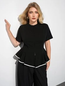 Maija Plus Size Women's Zipper Front Short Sleeve Ruffle Hem Top - Black and White - View 7