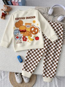 Baby Boy Letter Cookie Print Long Sleeve Sweatshirt And Checkerboard Long Pants Casual Set - Multicolor - View 2