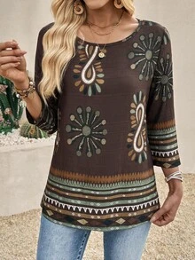 Faunlyn 女款秋季深棕色3/4袖上衣，度假穿搭，鄉村音樂會波希米亞風造型 - 棕色 - 查看 5