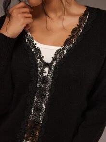 Freevana Women Reversible Lace V Neck Button Down Long Sleeve Knit Cardigan Sweater Front To Back Tops - Black - View 8