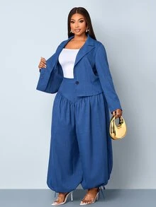 SOLERSUN Plus Size Elegant Button Long Sleeve Jacket And Loose Pleated Cuffed Pants Suit Set - Navy Blue - View 4