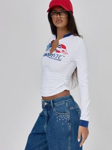 MUSERA White Graphic Detail Long Sleeve Top Fall Autumn Winter Coolgirl Back To School Blancs - White - View 4