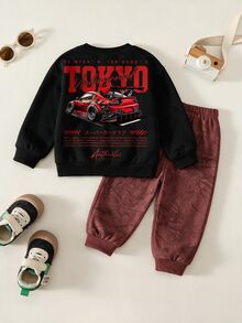 Young Boys Loose Fit Sports Casual Comfortable Long Sleeve Sweatshirt And Pants 2 Pieces Set, Suitable For Autumn/Winter, Classic Handsome Street Style Retro Racing Car Print, Suitable For Sports, Y2K - Multicolor - View 2