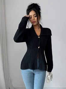 Elenzga Women's Autumn/Winter Elegant Sexy Oversized Collar Waist-Cinching Knit Cardigan - Black - View 4