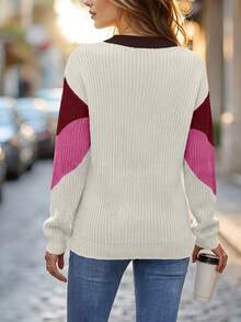 SHEIN 女款秋冬新款圓領長袖套頭毛衣，四色拼接設計，適合度假、日常穿著與街頭穿搭 - 彩色 - 查看 2