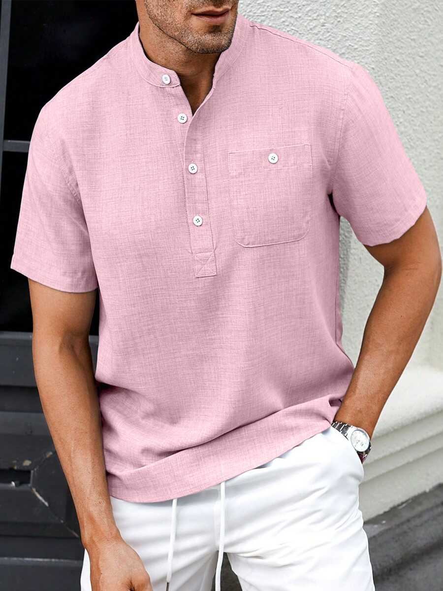 Manfinity CasualCool 雙色紗線休閒立領套頭短袖襯衫 - 粉色 - 查看 1