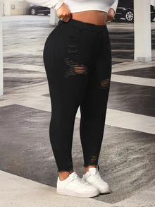 Slaydiva Women's Plus Size Fashion Sexy Versatile Ripped Skinny Jeans - Black - View 4