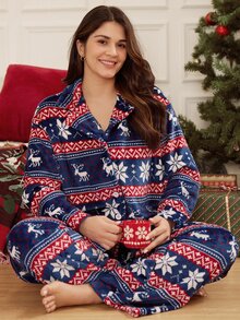 Doze Lane European & American Style Thick Plush Christmas Reindeer Print Plus Size Pajama Set For Women - Blue - View 1
