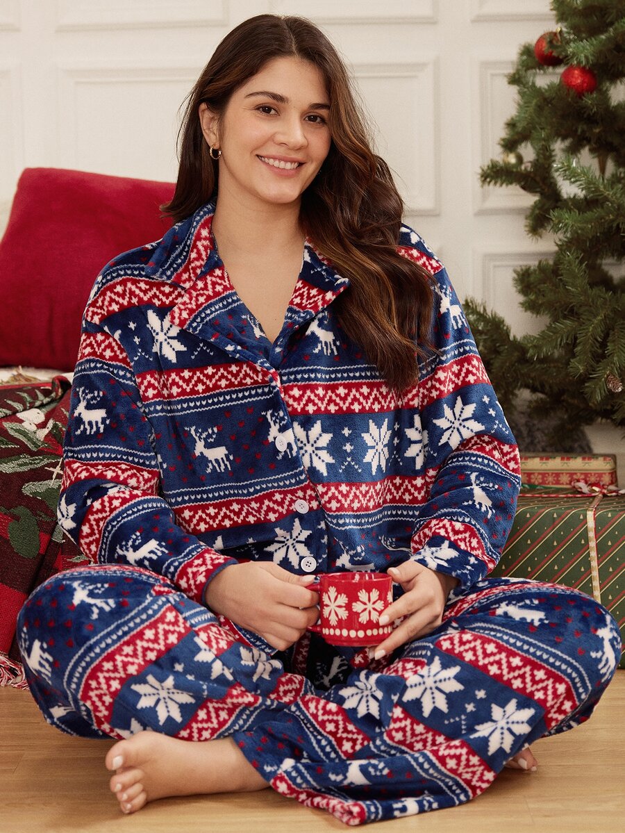 Doze Lane European & American Style Thick Plush Christmas Reindeer Print Plus Size Pajama Set For Women - Blue - View 1