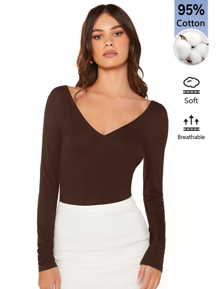 SHEIN BASICS 女款純色極簡百搭長袖T恤,適合日常穿著 - 咖啡棕 - 查看 1