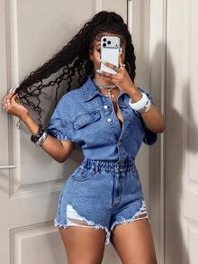 Women's Single-Breasted Frayed Hem Casual Daily Denim Romper - Medium Wash - View 8