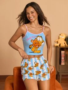 GARFIELD | SHEIN طقم بيجامة نسائي كاميسول وشورت مخطط - أزرق فاتح اللون - مشاهدة 1