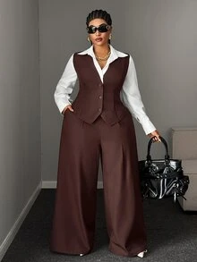 Maweii Plus Size Brown Casual Slim Fit Blazer & High Waist Long Wide Leg Pants Contrast Color Suit Set - Brown - View 2