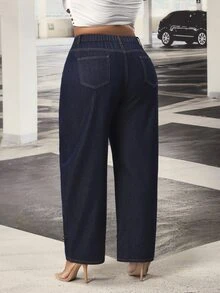 Slaydiva Celana Jeans Festival Plus Size Wanita Warna Biru Model Slim Fit Tanpa Peregangan dengan Potongan Kaki Pisang - Dark Wash - View 2