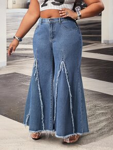 Slaydiva Plus Size Women's Non-Stretch Raw Edge Pocket Wide Leg Denim Jeans - Dark Wash - View 6