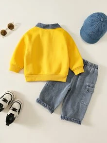 SHEIN 2pcs Baby Boy Autumn/Winter Letter Print Contrast Color Shirt Collar Long Sleeve Pullover Sweatshirt & Denim Jeans Two Pieces Set, Yellow Sweatshirt Racing Outfit, Sweatshirt Set, Denim Set - Multicolor - View 2