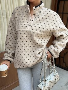 DAZY Cream White Polka Dot Lamb Fleece Round Neck Button Half-Placket Loose Long Sleeve Casual Sweatshirt - Grey - View 3