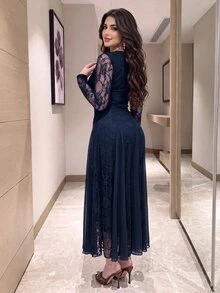 Feyla 女款方領長袖優雅蕾絲洋裝 - 藏蓝色 - 查看 2